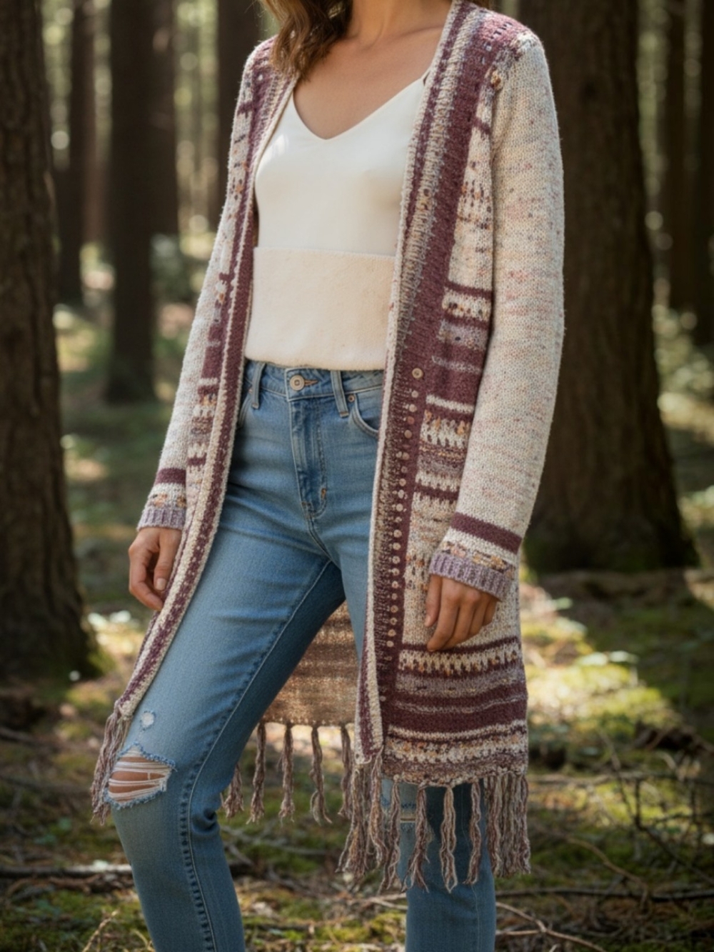 Jolt Mauve and Cream Open-Front Fringe Cardigan